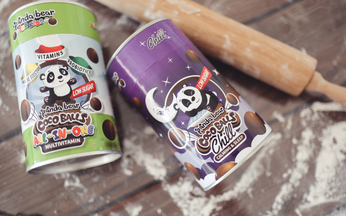 Flatlay of 2 Panda Bear Products - All-In-One Multivitamin Coco Balls and Chill - Calming and Sleep Coco Balls